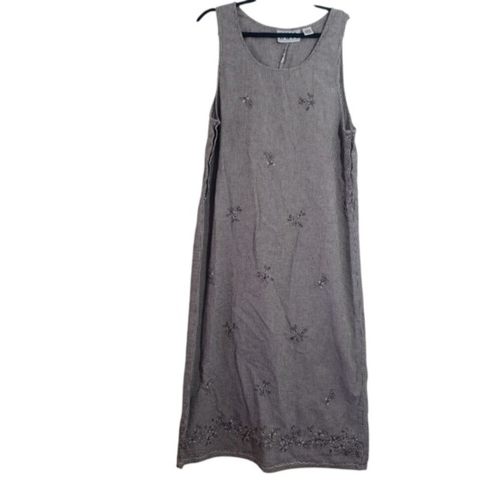 Vintage 90s Keren Hart‎ Plaid Floral Embroidery Maxi Dress XL Cotton Lagenlook